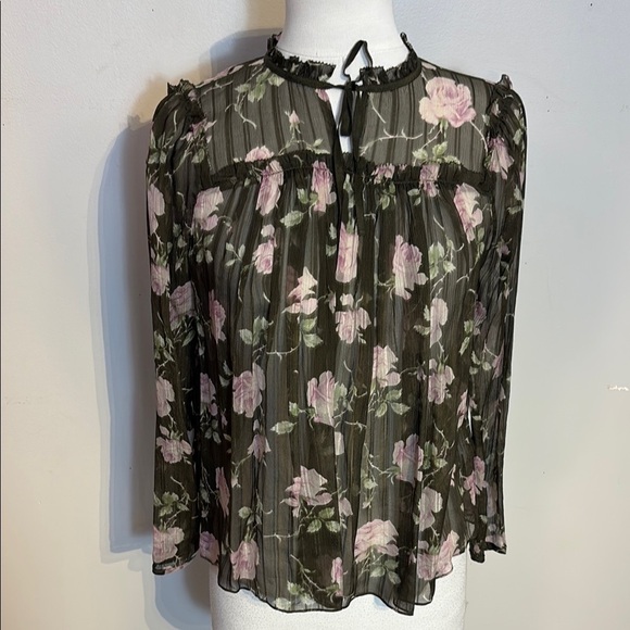 Ulla Johnson Tops - Ulla Johnson Green 3/4 Sleeve Blouse with Pleated Tie Front and Mandarin Collar